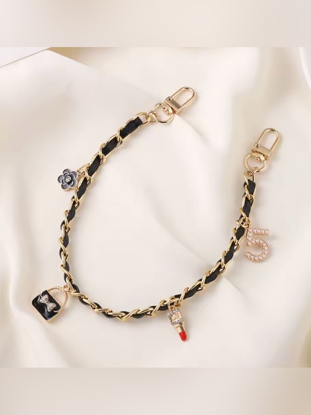 Gold Chain Charm Strap with Black Leather Weave